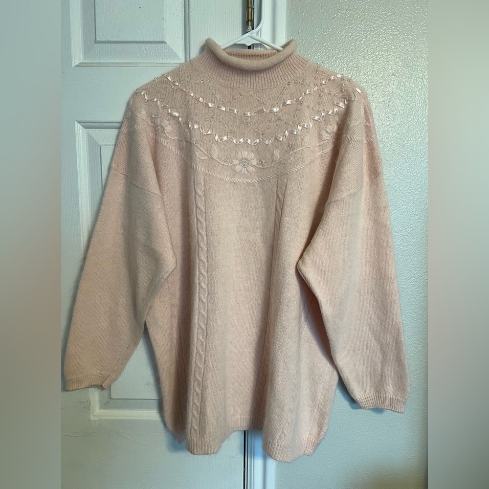 Vintage Diana Marco Baby Pink Embroidered Sweater Mock Neck Grannycore Cozy Soft